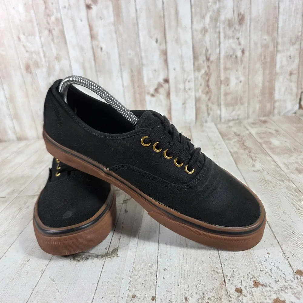 Vans Authentic Black Gum Sole Gold‎ Eyelets Mens 9.5 Sneakers Low Top Canvas